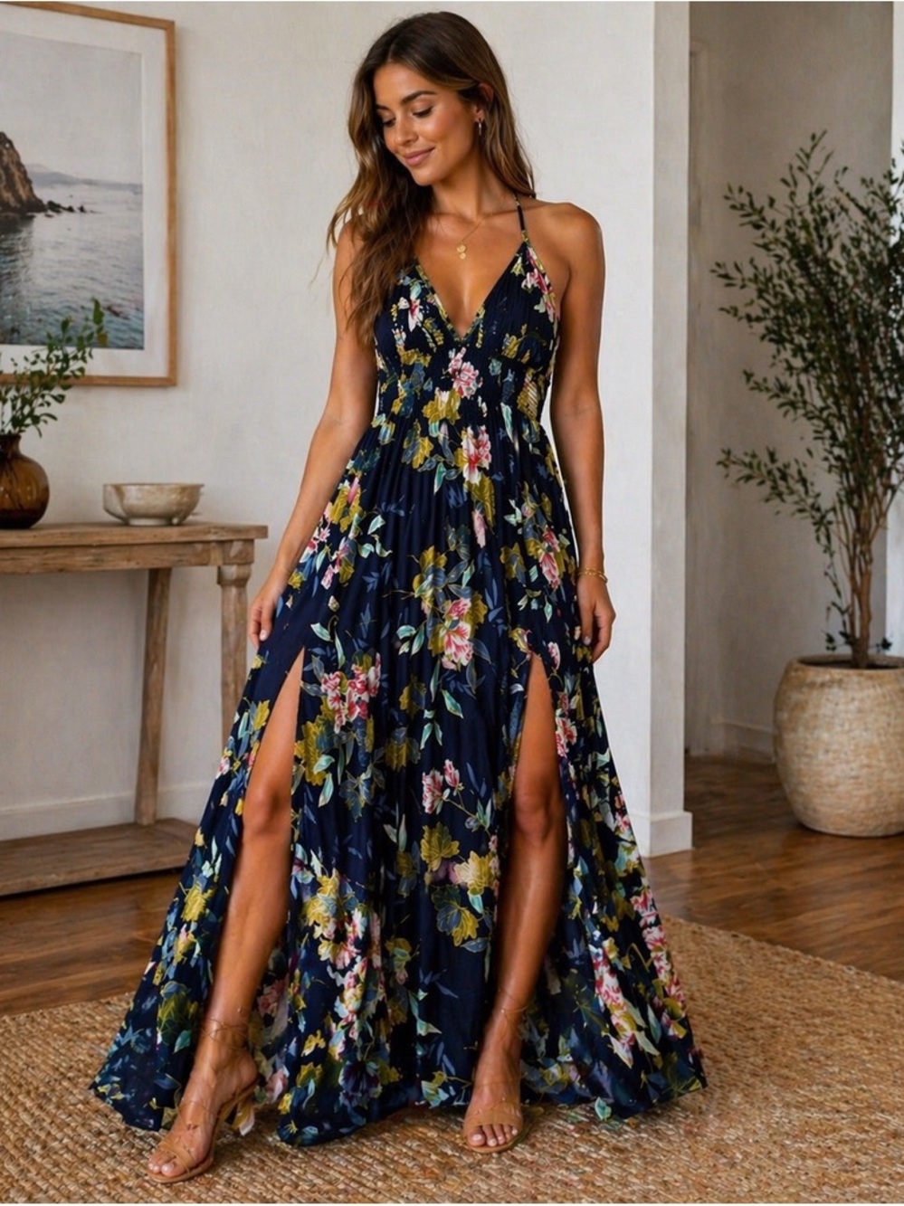 Navy Floral Spaghetti‑Strap Maxi Dress